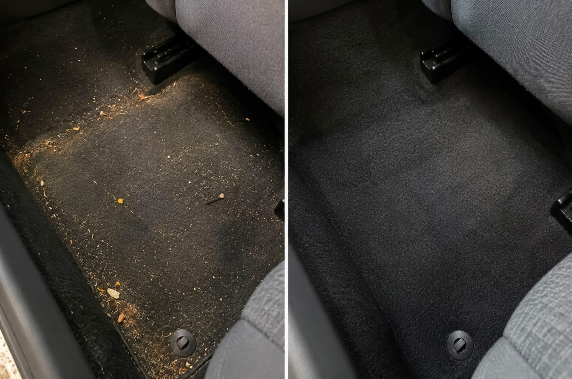 Rear footwell before and after a Shine On The Go interior clean